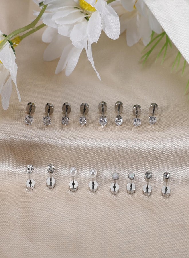 Staligue 8-Pair Hypoallergenic Stainless Steel Earrings Set - Flat Back Studs for Cartilage Piercing & Sensitive Skin, Women’s Jewelry Collection (Silvery) - Image 5